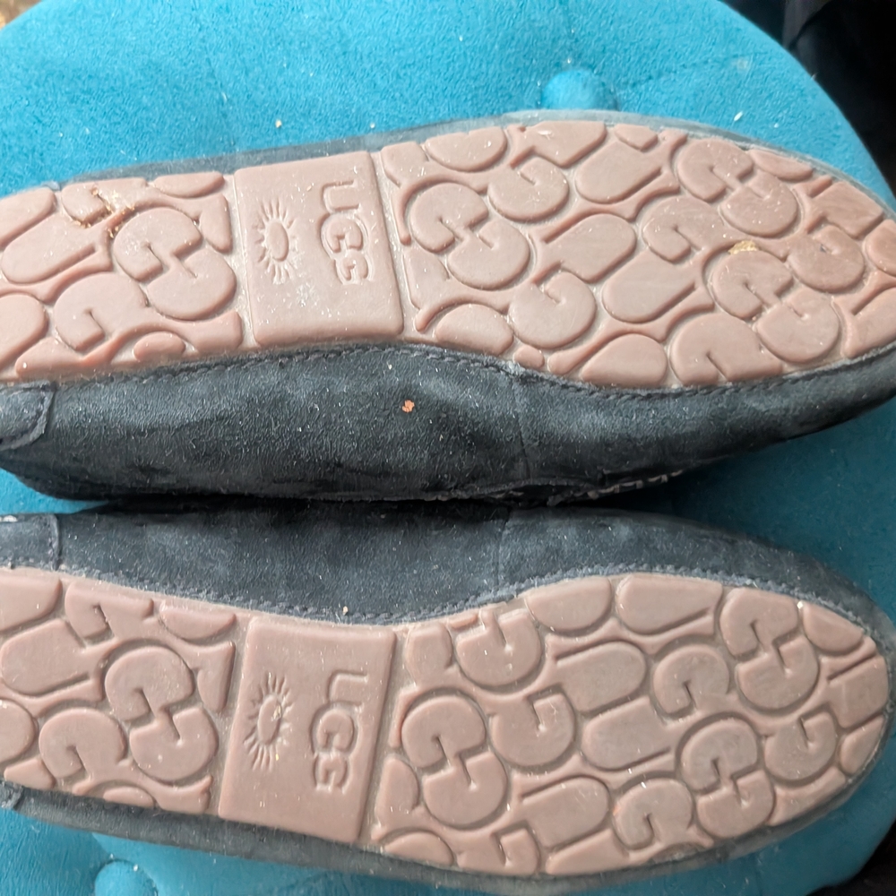 UGG ANSLEY Black Suede Slippers with White Fur Lining - Picture 3 of 6